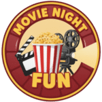 A logo with the words "Movie Night Fun," featuring a film reel, a clapperboard, and a striped popcorn bucket.