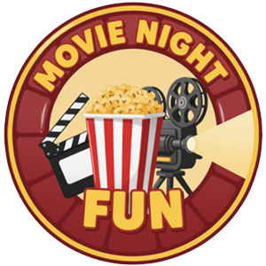 A logo with the words "Movie Night Fun," featuring a film reel, a clapperboard, and a striped popcorn bucket.