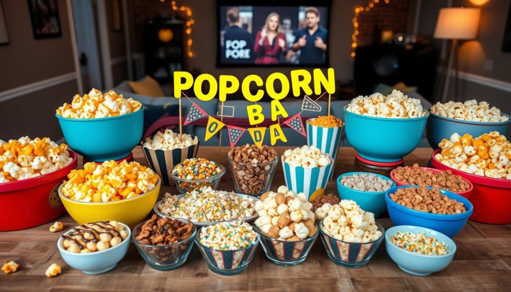 A beautifully arranged DIY popcorn bar set up on a rustic wooden table, surrounded by colorful bowls filled with various popcorn flavors, such as cheddar, caramel, and buttered popcorn. In the foreground, there's an assortment of fun toppings like chocolate drizzle, sprinkles, and nuts, all neatly displayed. In the middle, playful, themed decorations like film reels and popcorn-themed banners create a vibrant atmosphere. The background features a cozy living room setting with a projector displaying a classic movie, softly lit with warm, inviting lighting to enhance the festive mood. The angle is slightly elevated, capturing the entire scene in detail while focusing on the cheerful, inviting snacks and decorations.