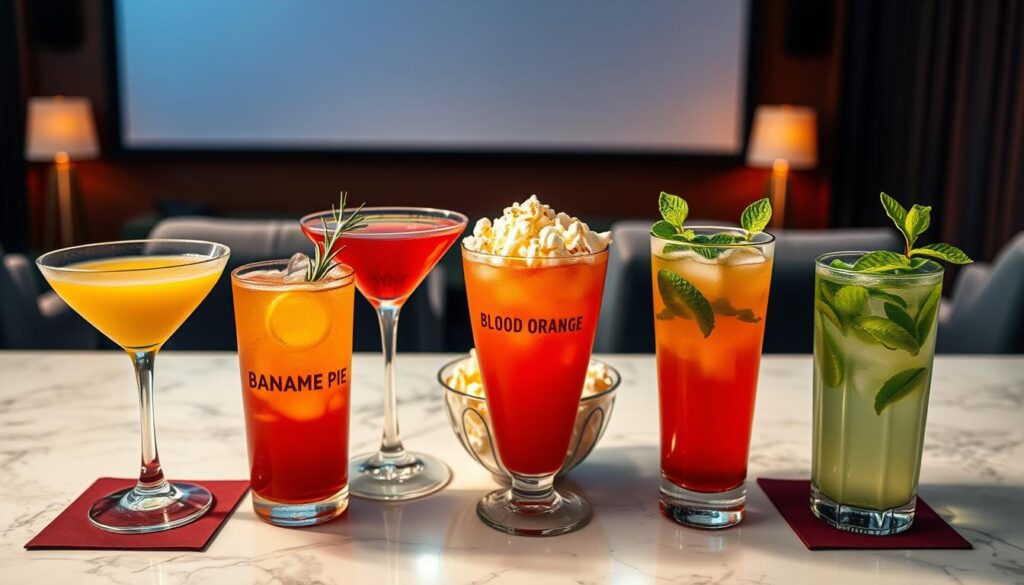 A beautifully arranged collection of movie-themed drinks on a stylish marble bar. In the foreground, there are three vibrant drinks: a bright yellow "Banana Cream Pie" cocktail in a classic martini glass, a deep red "Blood Orange" fizzy drink garnished with rosemary, and a refreshing green "Mint Mojito" served in a tall glass with fresh mint leaves. In the middle, a colorful popcorn bowl complements the drinks, hinting at the cinematic theme. The background features a softly lit home theater setup with plush seating and a giant movie screen, casting a warm glow. The ambiance is cozy and inviting, perfect for movie night. Use soft, warm lighting to create a friendly and festive atmosphere. High-resolution, shot at a slight angle to emphasize the drinks and bar setup.