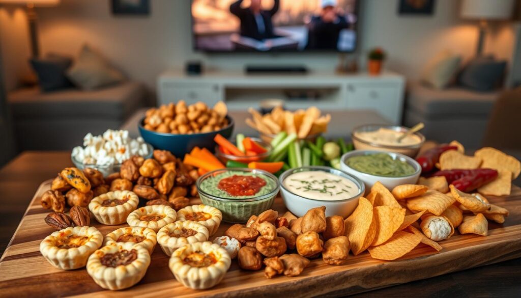 A beautifully arranged display of savory make-ahead snacks ideal for movie marathons. In the foreground, feature a wooden board with assorted finger foods: crispy mini quiches, spicy roasted nuts, savory stuffed peppers, and gourmet popcorn flavors like truffle and cheese. In the middle, there are bowls of creamy dips like spinach artichoke, salsa, and guacamole, with fresh veggies and tortilla chips surrounding them. The background shows a cozy living room setting with soft lighting, a large TV, and a plush couch, evoking a warm and inviting atmosphere. The scene is captured from a slightly elevated angle, highlighting the tempting array of snacks while keeping the focus on the inviting ambiance of a movie night.