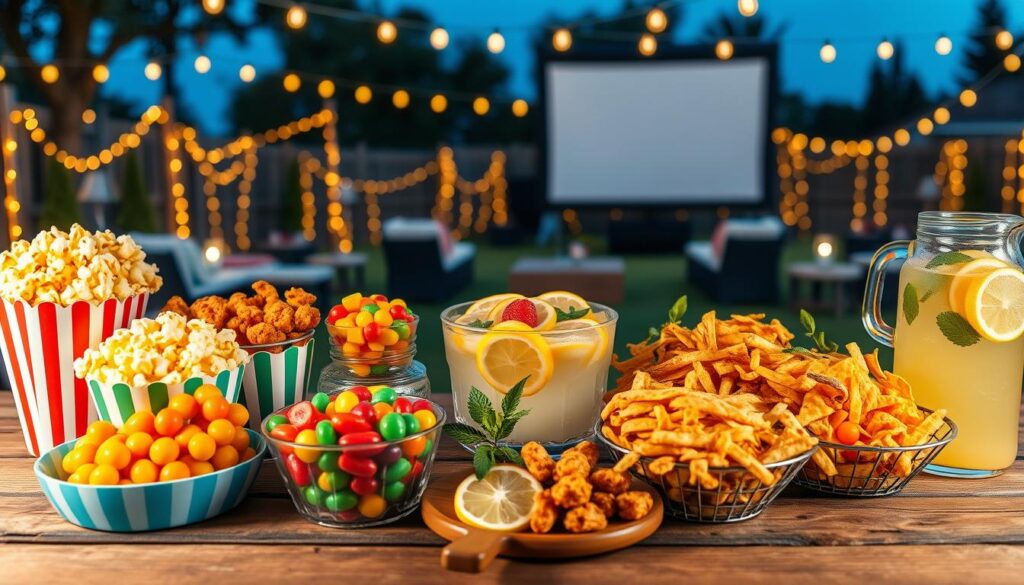 A beautifully arranged outdoor movie night snack display, set on a rustic wooden table. In the foreground, a variety of colorful snacks: buttery popcorn in striped cones, vibrant candy-filled jars, and gourmet nachos topped with melted cheese and jalapeños. In the middle ground, a large bowl of fresh fruit and a pitcher of refreshing lemonade with slices of lemon and mint leaves, all beautifully illuminated by warm, soft fairy lights. The background features a cozy outdoor cinema setup with a large screen, comfortable seating, and starry skies above, creating a festive and inviting atmosphere. The scene captures the spirit of celebration, perfect for a birthday party, with a focus on delicious snacks and refreshments. Soft evening lighting enhances the warm, cheerful vibe while maintaining a clean, vibrant aesthetic.