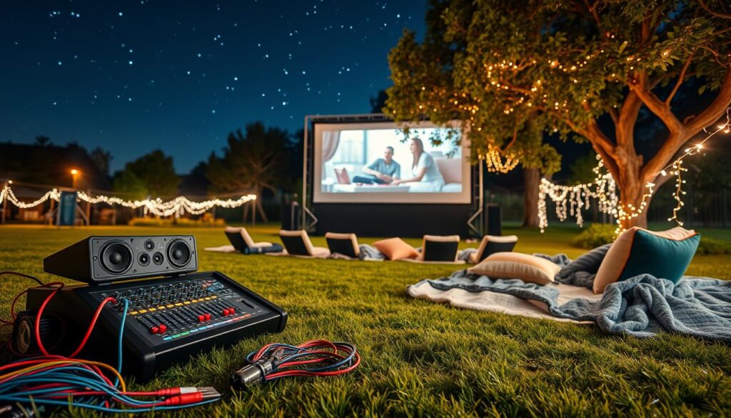A beautifully arranged outdoor movie sound equipment setup on a grassy area under a starry night sky. In the foreground, a compact sound mixer and an array of speakers are meticulously positioned, with colorful cables artfully coiled. In the middle ground, a cozy seating area with oversized blankets and scattered cushions invites viewers, with a large, illuminated screen in the backdrop displaying a film still. Soft outdoor fairy lights hang in the trees, creating a warm and inviting atmosphere. The scene is lit with gentle, ambient lighting, capturing the excitement of an outdoor movie night. The angle is slightly elevated, showcasing the entire setup against the night sky, while conveying a relaxed and enjoyable mood perfect for gathering friends and family.