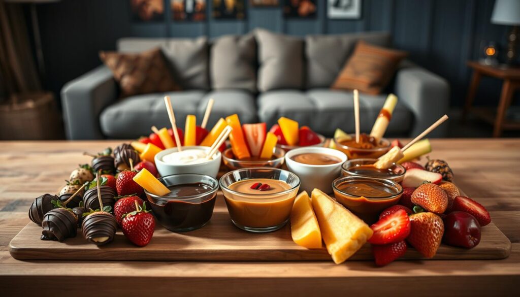 A beautifully arranged platter of dippable desserts on a minimalist wooden table, featuring an assortment of vibrant treats. In the foreground, there are chocolate-covered strawberries, mini caramel apples, and colorful fruit skewers. The middle ground showcases bowls of various dips like melted chocolate, creamy yogurt, and rich caramel, each with decorative garnishes. Soft, warm lighting bathes the scene, creating an inviting and cozy atmosphere reminiscent of a movie night. In the background, a softly blurred couch and dimly lit room with scattered movie posters set the scene, enhancing the comfortable vibe. The angle is slightly elevated, capturing the delightful textures and colors of the desserts, emphasizing the zero-mess aspect with tidy presentation and minimal utensils.
