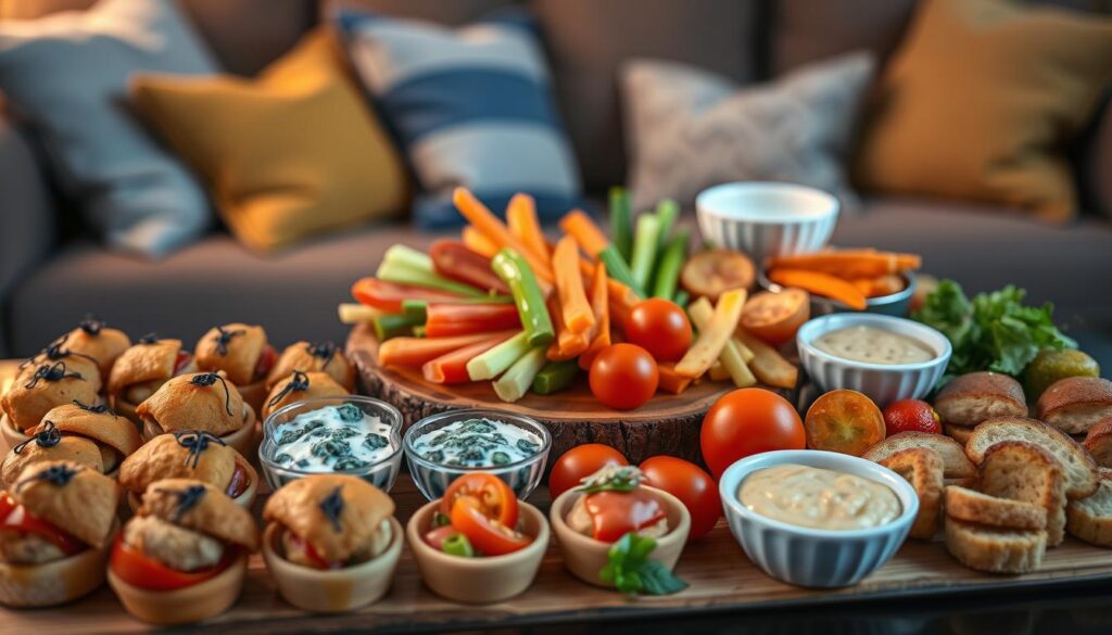 A beautifully arranged platter of mouth-watering movie night finger foods, featuring a variety of colorful appetizers. In the foreground, showcase bite-sized treats like crispy chicken sliders, mini stuffed peppers, and savory spinach dip served in small cups. In the middle, display a rustic wooden board adorned with vibrant vegetable sticks, juicy cherry tomatoes, and an assortment of dipping sauces like guacamole and hummus. The background should subtly hint at a cozy living room setting, with soft, warm lighting that evokes a relaxed movie night atmosphere, perhaps revealing a couch with plush throw pillows. Capture the scene from a slightly elevated angle to highlight the food's details, while maintaining an inviting and festive mood.