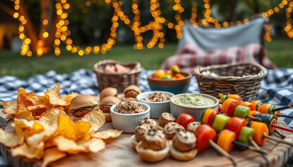A beautifully arranged platter of savory snacks perfect for a backyard movie night. In the foreground, an assortment of finger foods such as crispy potato chips, mini sliders with lettuce and tomato, stuffed mushrooms, and vibrant vegetable skewers. The middle ground features a rustic picnic blanket, subtly printed, with a couple of ceramic bowls filled with guacamole and hummus. In the background, softly glowing fairy lights drape over trees, enhancing the cozy atmosphere of an outdoor setting. The lighting is warm and inviting, reminiscent of golden hour, with a slight bokeh effect created by a 50mm lens to emphasize the snacks. The mood is relaxed and festive, ideal for a summer evening with friends and family.