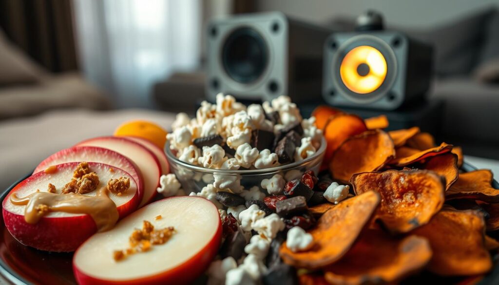 A beautifully arranged platter showcasing an array of healthier sweet and salty snack options for movie night. In the foreground, there are bright red apple slices drizzled with almond butter, sprinkled with a hint of sea salt and crunchy granola clusters. Beside them, homemade baked sweet potato chips glisten, lightly seasoned with rosemary. In the middle, a bowl of air-popped popcorn is mixed with dark chocolate pieces and dried cranberries, offering a rich contrast. The background features a cozy living room setting with soft lighting and a vintage projector casting a warm glow, enhancing the inviting atmosphere. The focus is sharp on the snack spread, with a gentle blur on the background to highlight the delicious combo, creating a warm and inviting mood perfect for a movie night.