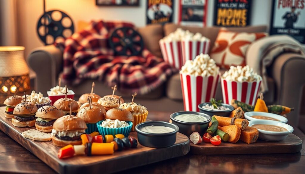 A beautifully arranged selection of themed movie night appetizers, featuring mini sliders, popcorn in colorful containers, and vibrant veggie skewers. In the foreground, a wooden platter displays an assortment of small bites, including cheese and charcuterie, alongside dips like guacamole and hummus. The middle ground includes a cozy couch adorned with popcorn bowls, soft blankets, and a few thematic items like a vintage film reel and classic movie posters. In the background, soft, warm lighting creates a welcoming atmosphere, reminiscent of a home theater. The scene captures a sense of excitement and comfort, perfect for a fun movie night experience. The focus is sharp, shot from a slightly elevated angle to showcase the delightful appetizers and the inviting setting.