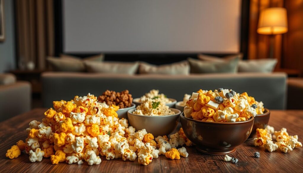 A beautifully arranged spread of gourmet popcorn variations on a rustic wooden table. In the foreground, close-up shots of three distinct popcorn flavors: vibrant cheddar with colorful spices, rich chocolate drizzled with sea salt, and tangy buffalo popcorn tossed with a sprinkle of blue cheese crumbles. In the middle, an assortment of small, elegant bowls filled with popcorn, garnished with fresh herbs and spices, creating a playful, upscale look. The background softly blurred features cozy home theater elements, like a plush sofa and a giant screen, dimly lit to set a warm and inviting mood. The lighting is soft and warm, casting gentle highlights on the popcorn textures, suggesting a casual yet sophisticated movie night atmosphere.