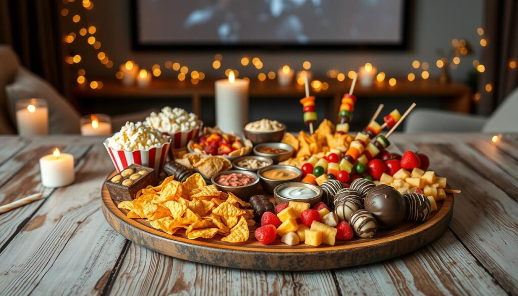 A beautifully arranged themed movie night snack board displayed on a rustic wooden table. The foreground features various colorful snacks, including popcorn in varying flavors, nachos with a variety of dips, vibrant fruit skewers, and chocolate-covered treats, all artistically presented on a large, round platter. The middle ground showcases candles and dim fairy lights softly illuminating the setting, enhancing a cozy atmosphere perfect for a movie night. The background hints at a film being projected on a screen, with soft shadows providing depth. The image is captured with a warm, inviting light at a slight overhead angle, evoking comfort and excitement.