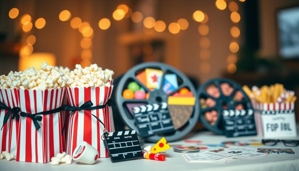 A beautifully organized DIY movie-themed party favor display on a table. In the foreground, an array of brightly colored, homemade popcorn bags in red and white striped paper, tied with black ribbons. Beside them, small clapperboard keychains made from lightweight material. In the middle ground, a retro film reel holds colorful candy boxes decorated with movie-inspired stickers, and colorful, hand-painted movie-themed thank-you cards are scattered attractively. In the background, a cozy, dimly lit setting with string lights casting a warm glow, creating a festive atmosphere. The focus is sharp, highlighting the vibrant colors of the favors, with a soft bokeh effect blurring the background, enhancing the inviting mood of a celebratory movie night.