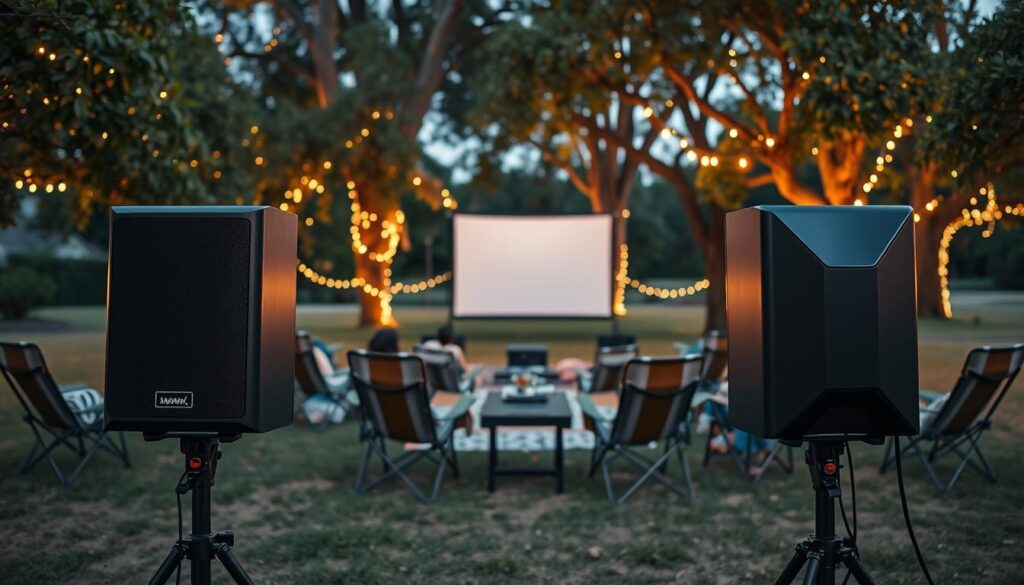 A beautifully set outdoor movie night scene depicting strategic speaker placement for optimal sound. In the foreground, two high-quality speakers are positioned on sturdy stands, angled towards the seating area. The middle ground features a cozy arrangement of folding chairs and blankets, all facing a large, portable projection screen where a film is being projected. In the background, trees are softly illuminated by ambient fairy lights, creating a warm, welcoming atmosphere. The scene is bathed in the soft glow of twilight, enhancing the inviting vibe. Capture the perspective as if the viewer is part of the setup, with a slight angle to showcase the speakers' positioning. Use warm lighting to evoke a relaxed, enjoyable evening.