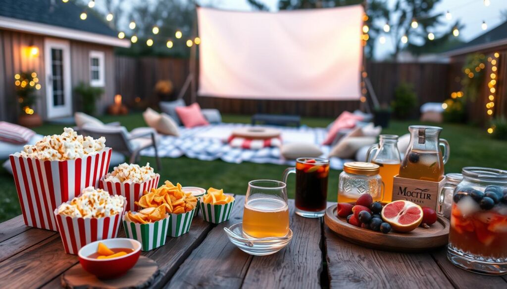 A charming backyard movie night scene focused on a vibrant food and refreshment station. In the foreground, a rustic wooden table is adorned with an array of delicious snacks: popcorn in colorful striped boxes, nachos with melted cheese served in small bowls, and a platter of fresh fruits like strawberries and grapes. To the side, refreshing drinks are displayed in glass pitchers, surrounded by ice. In the middle, cozy blankets and cushions create a welcoming seating area on the grass, with fairy lights strung above, adding a warm glow. In the background, a large white screen is subtly illuminated, hinting at an outdoor movie. The atmosphere is relaxed and inviting, perfectly suited for a delightful evening. Soft twilight lighting enhances the scene, creating a magical ambiance.