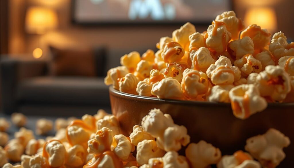 A close-up view of a bowl filled with sweet and salty popcorn, the golden kernels glistening with a light caramel drizzle and sprinkled with sea salt. In the foreground, popcorn pieces are artistically scattered around the bowl, showcasing their fluffy texture and glistening finish. The middle ground features a cozy setting with dim lighting, creating an inviting atmosphere for a movie night. Soft, warm lights illuminate the scene, adding a touch of warmth. In the background, soft, blurred silhouettes of a couch and a projector screen suggest a home theater ambiance. The image should evoke a sense of indulgence and comfort, perfect for a casual yet delightful dessert experience during movie nights.