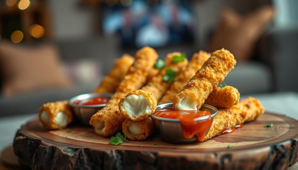 A close-up view of golden-brown mozzarella sticks cooked to perfection in an air fryer, arranged artistically on a rustic wooden platter. The mozzarella sticks are crispy on the outside, with gooey cheese slightly oozing from the ends, showcasing their delicious texture. Accompanying the dish are a small bowl of marinara sauce and a sprinkle of fresh parsley for a pop of color. The background features a softly blurred, cozy living room setting suggesting a movie night ambiance, with dim, warm lighting creating an inviting atmosphere. The image should have a shallow depth of field to emphasize the mozzarella sticks, giving off a warm and inviting mood that embodies comfort food for a fun evening.