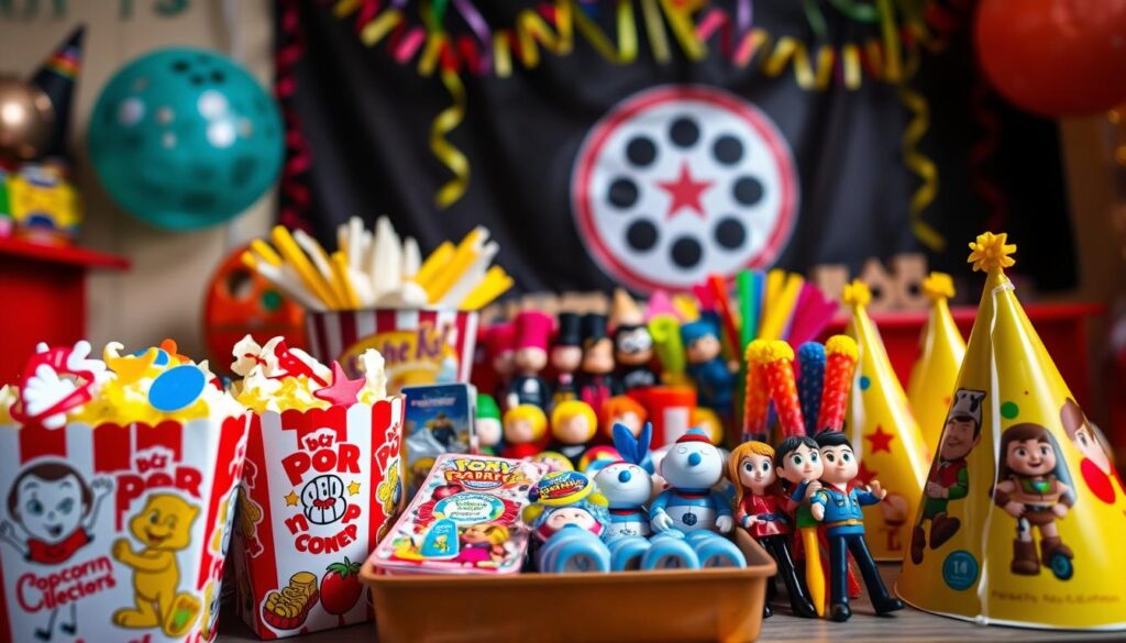 A colorful display of movie-themed party favors for kids, featuring a variety of exciting items. In the foreground, there are popcorn bags with vibrant cartoon character designs, colorful themed stickers, and bright party hats. In the middle, a neatly arranged table showcases themed mini toys and bubble wands representing popular characters from children's movies. The background is decorated with colorful streamers and a film reel motif, giving a festive atmosphere. Soft, warm lighting illuminates the scene, creating a cheerful and inviting mood. The angle is slightly above eye-level, capturing the entire festive arrangement while keeping the focus on the intricately designed favor items, emphasizing the fun and joy of movie nights for kids.