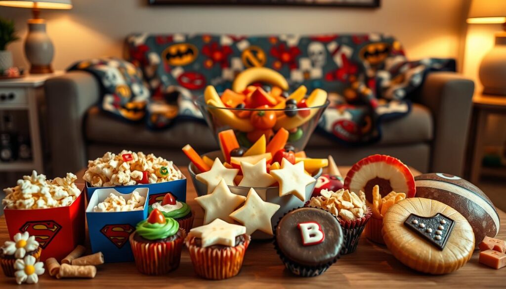 A colorful display of "superhero snacks" inspired by popular children's movies. In the foreground, a vibrant assortment of snacks is arranged artistically: popcorn in bright red and blue boxes resembling superhero costumes, cupcakes with colorful icing decorated like comic book superheroes, and nachos shaped like shields. In the middle, a large bowl of fruit cut into star shapes, with bananas and apples resembling popular characters. In the background, a cozy living room scene with soft, warm lighting and a couch draped in a superhero-themed blanket. The atmosphere is inviting and cheerful, perfect for a birthday movie night, captured from a slightly high angle to showcase the snacks prominently against the backdrop.
