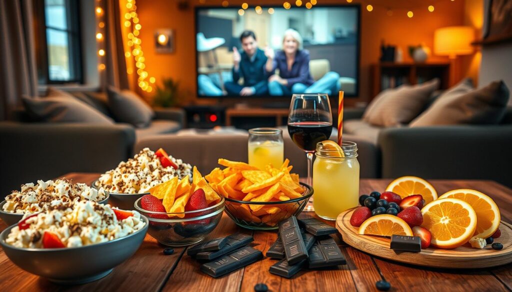 A cozy at-home movie night setup featuring an array of delicious snacks. In the foreground, a rustic wooden table displays bowls of popcorn drizzled with gourmet seasonings, classic nachos with melted cheese, and a vibrant fruit platter with strawberries, grapes, and sliced oranges. In the middle ground, a stylish wine glass filled with red wine sits next to a sparkling lemonade in a mason jar, surrounded by artisan chocolate bars. The background reveals a softly lit living room with a large screen showing a classic film, warm fairy lights twinkling overhead, and plush cushions scattered on a comfy sofa. The overall mood is inviting and relaxed, with warm, ambient lighting that enhances the cheerful atmosphere of a fun-filled movie night.