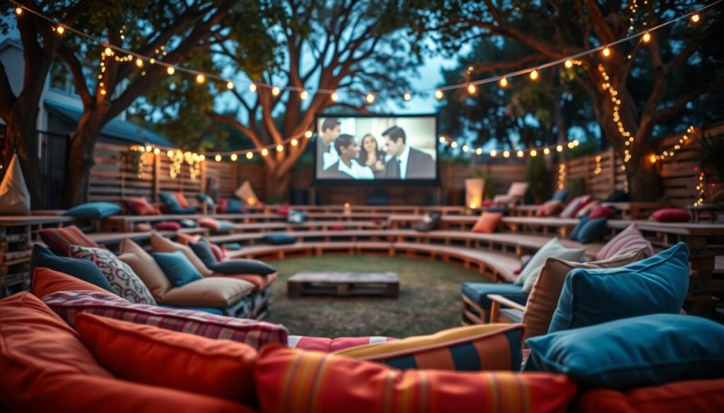A cozy backyard movie night scene featuring a tiered seating layout made from rustic wooden pallets, blankets, and colorful cushions. In the foreground, vibrant throws and pillows form a comfortable sitting area. In the middle ground, tiered seating curves elegantly, allowing for an unobstructed view of a large screen displaying a classic film under a starry sky. The background includes soft fairy lights draped on trees, casting a warm, inviting glow. Utilize a soft focus lens with dramatic bokeh to enhance the intimate atmosphere. The angle captures the scene from a slight elevation, providing a comprehensive view of the seating arrangement. The mood is relaxed and cheerful, ideal for a unique outdoor gathering.