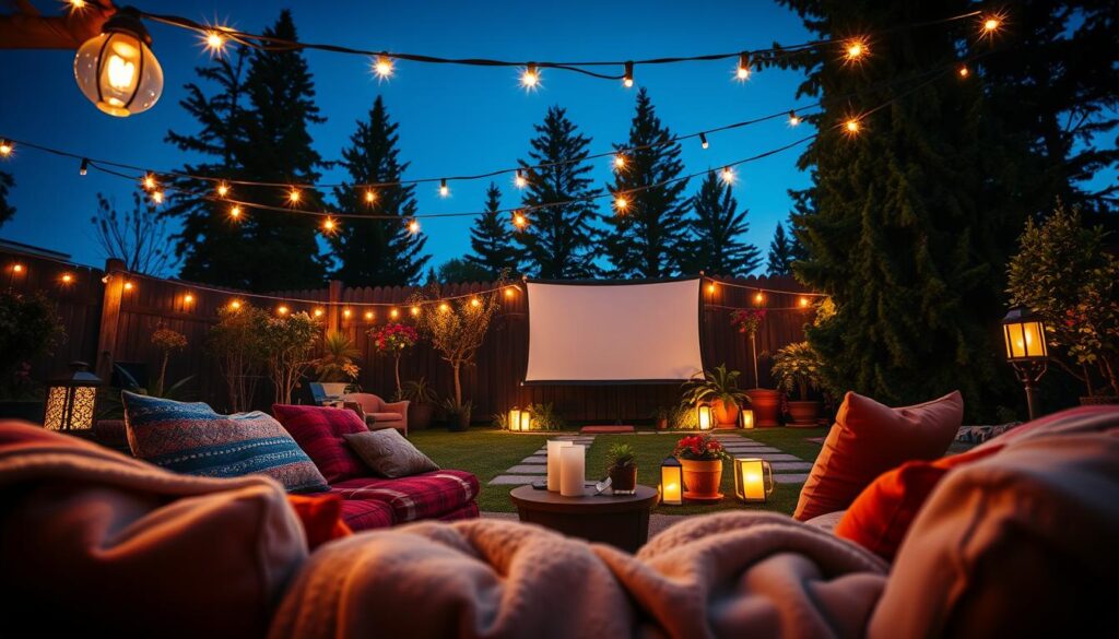 A cozy backyard movie night scene that captures a warm, inviting atmosphere. In the foreground, a comfortable outdoor seating arrangement with plush blankets and colorful cushions. Twinkling fairy lights are strung overhead, creating a magical glow. In the middle, a large projector screen displays a film, surrounded by potted plants and soft lanterns casting gentle light. Various decorative lighting elements, like solar-powered path lights along a garden trail, enhance the ambiance. In the background, tall trees softly silhouetted against a dusky blue sky, adding depth to the scene. The mood is relaxed and enchanting, perfect for a gathering with friends or family. The image is slightly angled, showcasing the intimate setup from a low perspective, emphasizing the lighting's warmth and charm.