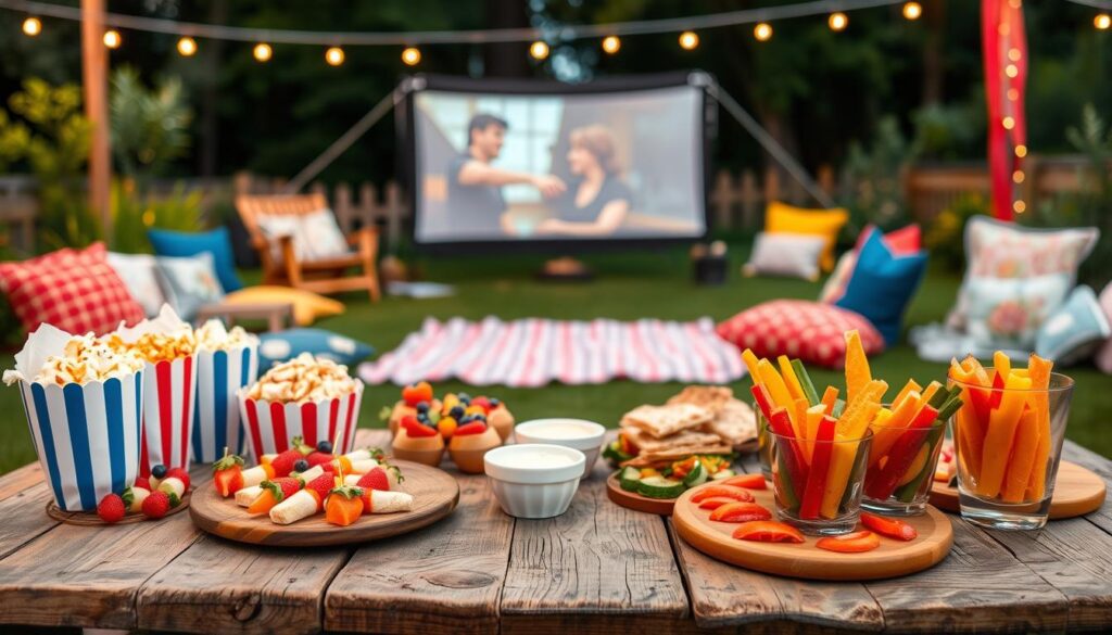 A cozy backyard movie night setup featuring an inviting spread of travel-friendly finger foods on a rustic wooden picnic table. In the foreground, a variety of dishes are arranged: colorful gourmet popcorn in striped bags, fresh fruit skewers, mini sandwiches on wooden platters, and vibrant vegetable sticks with dip in clear cups. Twinkling string lights hang above, casting a warm glow over the scene. In the middle, a large movie screen is set up with a soft-focus image suggesting a classic film, while comfortable blankets and colorful cushions are strewn about for a cozy seating arrangement. The background features lush green grass, with a hint of summer evening sky. The mood is relaxed and festive, perfect for a family gathering or casual get-together under the stars.
