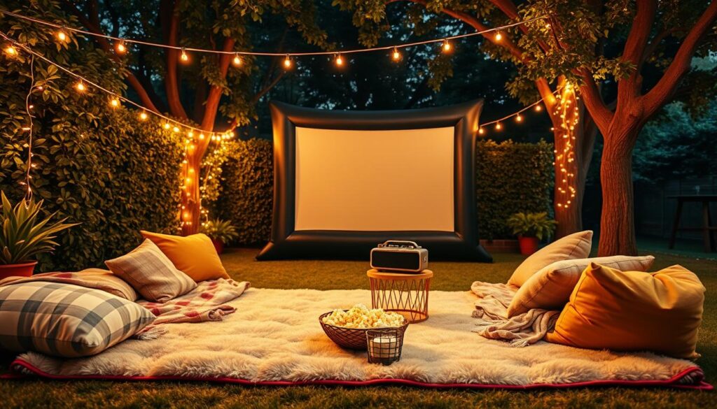 A cozy backyard movie night setup featuring warm, inviting decorations. In the foreground, a plush outdoor rug is spread out with soft cushions and blankets arranged for seating. In the middle, an inflatable projector screen is set up, surrounded by string lights hanging from nearby trees, casting a gentle glow. A portable speaker is placed on a small table beside a bowl of popcorn, ready for guests. In the background, lush greenery creates an ideal outdoor ambiance, complemented by twinkling fairy lights. The scene should evoke a relaxed evening atmosphere, with warm color tones and soft lighting that highlights the decorations. Capture the image from a slightly elevated angle to showcase the arrangement and create an intimate feel.
