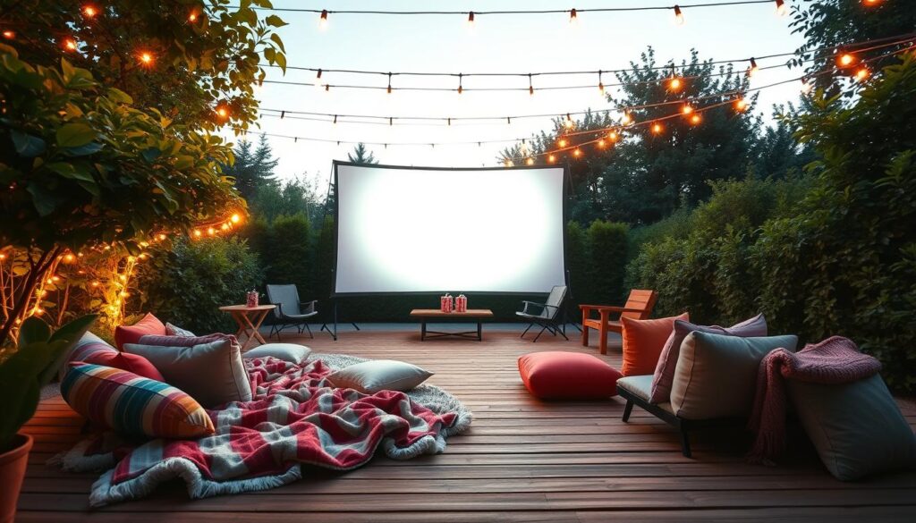 A cozy backyard movie night setup showcasing a stylish seating arrangement. In the foreground, plush blankets and colorful cushions are strewn across a wooden deck, inviting relaxation. In the middle, a large, white screen is propped up, reflecting soft, warm light from a projector. The seating includes comfortable folding chairs and a few low picnic tables adorned with popcorn buckets and fairy lights. In the background, lush greenery surrounds the area, silhouetted against a twilight sky with stars beginning to twinkle. Soft string lights overhead create a magical atmosphere, while a gentle breeze rustles the leaves, enhancing the peaceful vibe. The image captures a perfect blend of comfort and style, embodying the spirit of an inviting outdoor film experience.