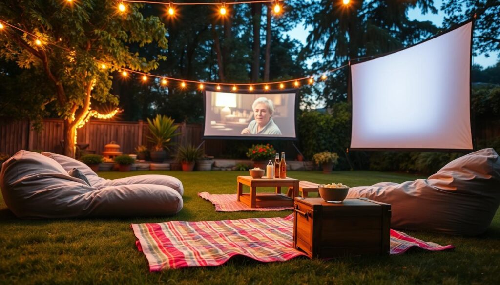 A cozy backyard movie night setup with a large, white movie screen vividly displaying a classic film scene, illuminated by soft, warm fairy lights strung overhead. In the foreground, a comfortable arrangement of plush bean bags and a colorful picnic blanket spread across the grass, inviting relaxation. A rustic wooden table holds bowls of popcorn and drinks, enhancing a homey feel. The middle ground features the screen, framed by lush green plants and subtle garden decorations. In the background, tall trees filter the evening twilight, creating a serene atmosphere. Capture this scene from a low angle to emphasize the inviting ambiance, with soft, warm lighting that conveys a relaxed and joyful mood, perfect for a small gathering.