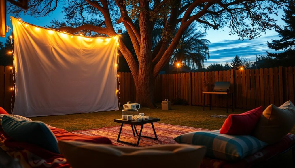 A cozy backyard movie setup on a budget, depicting a makeshift outdoor screen made from a white sheet or portable projector screen, illuminated by soft fairy lights draped across a nearby tree. In the foreground, colorful blankets and cushions are arranged for seating, while a small table holds popcorn and drinks. The middle ground features a classic projector set up on a sturdy table, casting a warm glow onto the screen. In the background, a twilight sky enhances the atmosphere, with the silhouettes of trees and a fence softly visible. The scene evokes a relaxed, inviting mood, perfect for a home movie night with friends and family, captured using warm lighting and a slightly wide-angle view.
