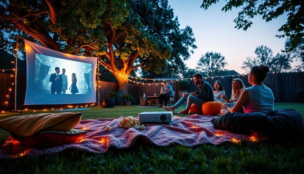 A cozy backyard movie theater scene in the early evening, just as the sun begins to set. In the foreground, a plush blanket with colorful cushions is spread out on the grass, inviting viewers to sit and relax. A large white screen is set up, displaying a classic movie scene, while surrounding fairy lights glow softly in the dusk. In the middle, a projector stands on a small table, casting warm light. There are a few people of diverse backgrounds casually dressed in comfortable clothing, sharing popcorn and enjoying the atmosphere. In the background, trees frame the scene, their leaves gently swaying, with a starry sky beginning to emerge, creating a magical and inviting ambiance. The overall mood is relaxed and joyful, capturing the essence of a perfect backyard movie night.
