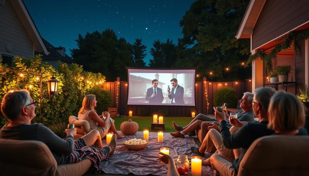 A cozy backyard scene depicting a bug-free outdoor movie night. In the foreground, a comfortable seating area with adults in casual, modest clothing, relaxing on soft blankets and cushions. They are enjoying popcorn and drinks, with smiles and laughter. In the middle, a large, bright projection screen displays a classic movie, surrounded by strategically placed citronella candles and decorative lights that cast a warm glow, deterring bugs. In the background, lush greenery and twinkling fairy lights create an inviting atmosphere under a starry night sky. The scene is well-lit, with soft lighting enhancing the joyful ambiance, captured from a slight angle to showcase both the screen and the cozy gathering. The mood is cheerful and inviting, emphasizing a perfect night of entertainment free from the annoyance of bugs.
