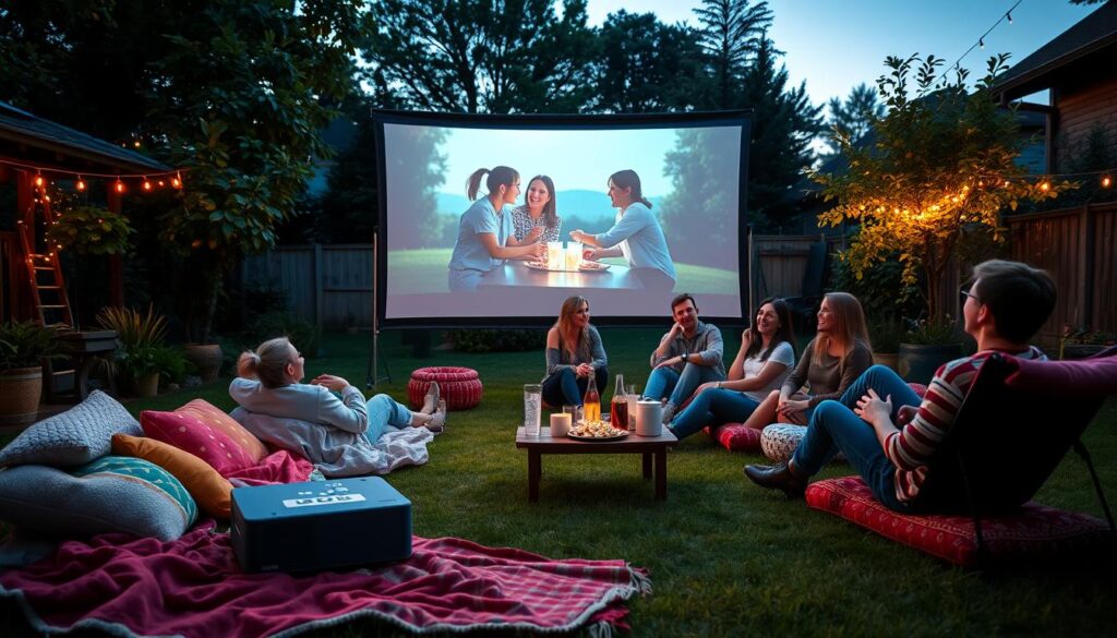 A cozy backyard setting at twilight, featuring a large outdoor screen displaying a classic family movie. In the foreground, a comfortable setup with plush blankets, colorful cushions, and a portable projector. A small table holds popcorn, snacks, and drinks. In the middle ground, a group of friends in modest casual clothing happily gathered around, laughing and enjoying the film, with one person leaning back in a chair, another lying on the grass. The background showcases lush greenery and twinkling fairy lights strung from trees, creating a warm and inviting atmosphere. The scene is illuminated by soft, ambient lighting to capture the transition from day to night, conveying a sense of relaxation and joy in the outdoor movie experience.