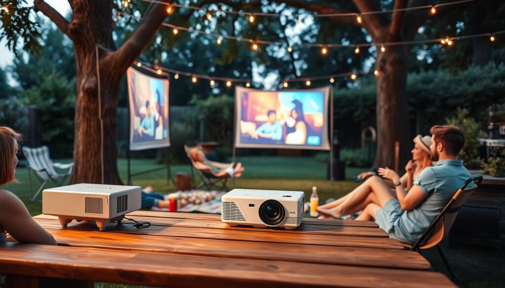 A cozy backyard setting for a budget-friendly movie night, featuring a simple, portable projector on a wooden table, projecting a vibrant film onto a makeshift white screen hung between two trees. In the foreground, a group of friends seated on colorful blankets and folding chairs, dressed in casual summer attire, enjoying popcorn and drinks. The middle ground shows twinkling fairy lights strung above, adding a warm ambiance. In the background, a lush garden with soft shadows from the trees, suggesting dusk. The scene is bathed in soft, warm lighting to create a relaxed and inviting atmosphere, captured from a low angle to emphasize the projector in action and the joyful expressions of the friends.