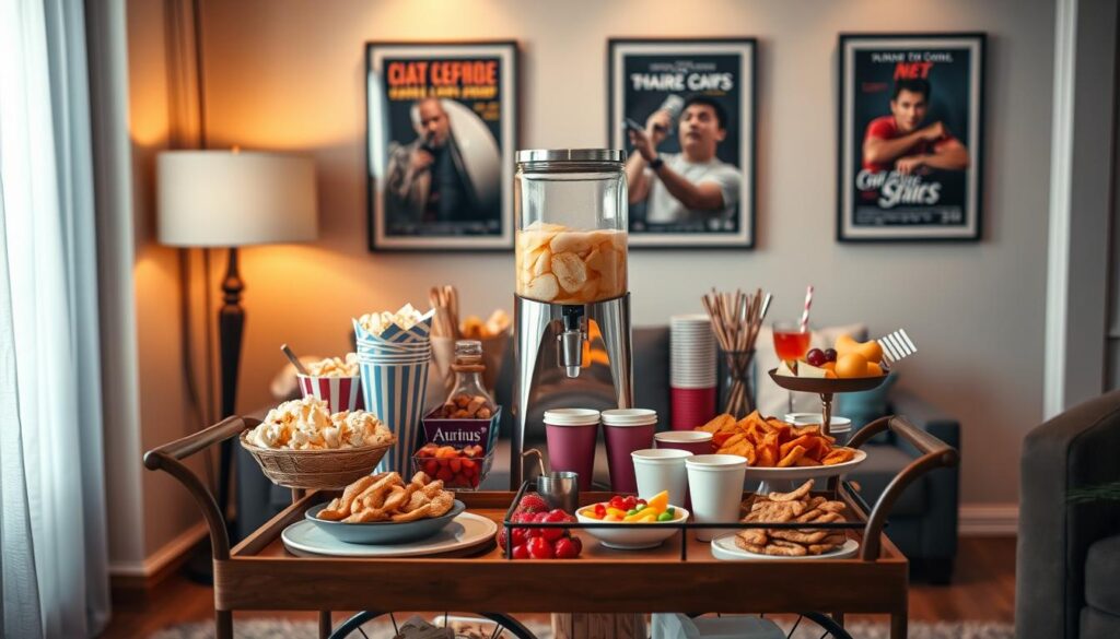 A cozy, compact snack station set in a small apartment living room, featuring a stylish, minimalist design. In the foreground, an elegant wooden cart is adorned with an assortment of snacks, including popcorn, chips, candy, and fresh fruit, elegantly arranged on chic platters. In the middle, a sleek beverage dispenser is filled with refreshing drinks, surrounded by reusable cups and cocktail napkins. The background shows a softly lit wall with framed movie posters, contributing to a cinematic vibe. Warm, ambient lighting creates a welcoming atmosphere, while a subtle bokeh effect adds a touch of sophistication. The scene captures the essence of a perfect movie night setup, ideal for small spaces.