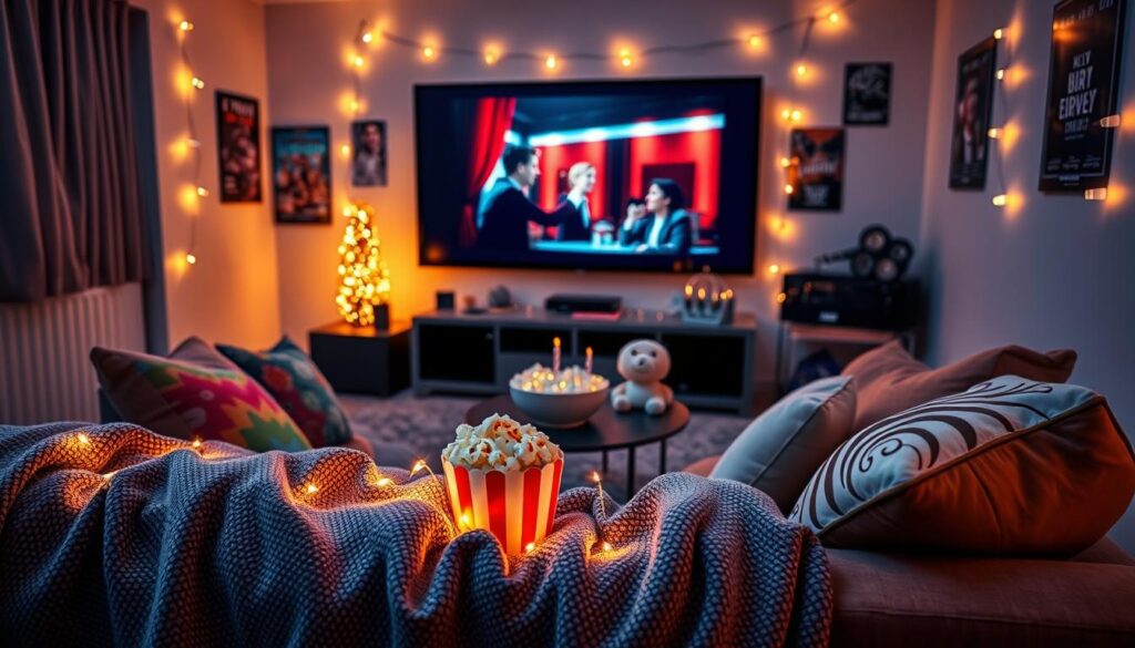 A cozy indoor movie night birthday party setup, featuring soft, warm lighting that creates an inviting atmosphere. In the foreground, a stylish blanket draped over a plush sofa, adorned with colorful, patterned throw pillows. The middle layer showcases a large screen displaying a classic film, surrounded by decorative fairy lights and popcorn bowls filled to the brim. Nearby, a small table is filled with birthday-themed treats such as cupcakes and candies. The background depicts a wall adorned with movie posters and string lights, enhancing the festive mood. A focal point of soft, diffused lighting simulating a comfortable ambiance that invites relaxation. The angle captures the essence of an intimate gathering, emphasizing the warmth and joy of celebrating a special occasion with friends and family.