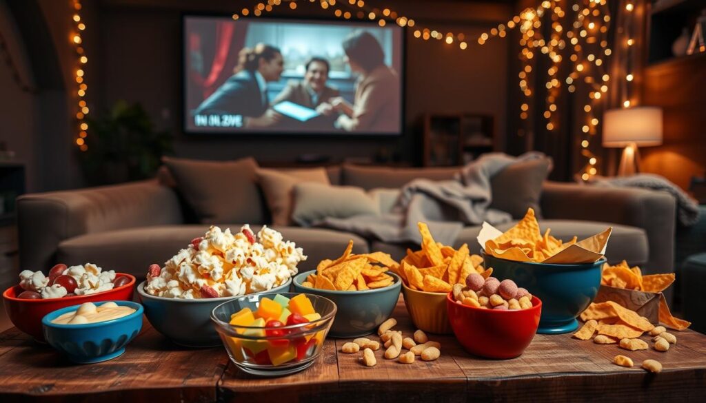 A cozy indoor movie night setup featuring an array of delicious snacks arranged on a rustic wooden coffee table. In the foreground, there are colorful bowls filled with buttery popcorn, gummy candies, and nachos with melted cheese. In the middle, a large, cozy couch is adorned with soft throw pillows, and an inviting blanket drapes over the armrest. Behind, a softly glowing projector screen displays a classic film scene, while the warm ambiance is complemented by fairy lights hanging from the ceiling, casting a gentle glow. The room is dimly lit, creating a relaxed atmosphere perfect for a birthday celebration. The angle is slightly from above, emphasizing the inviting display of snacks and the comfort of the space.