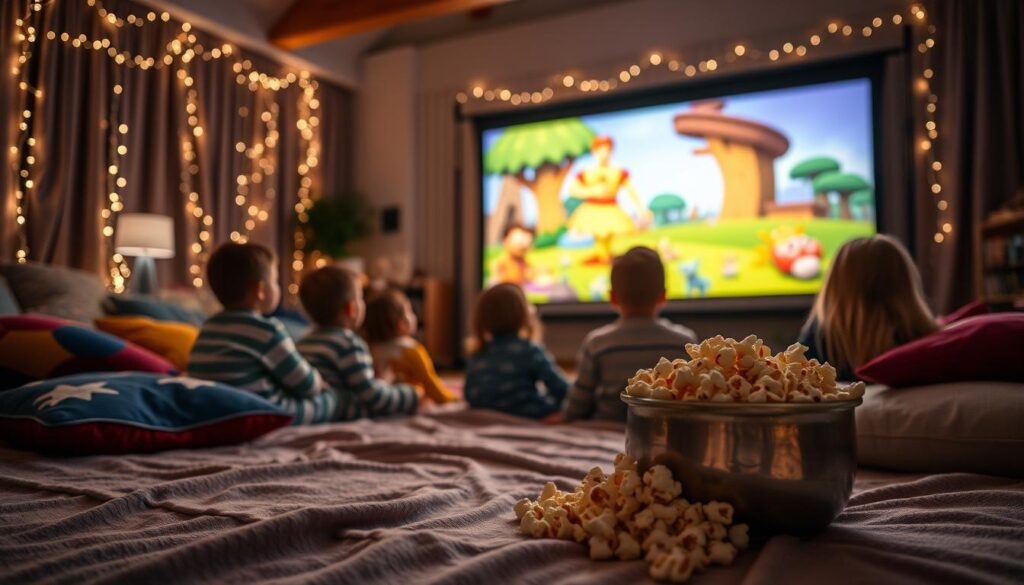 A cozy indoor movie night setup for kids. In the foreground, a soft blanket is spread out on the floor, surrounded by colorful cushions. A large screen is in the middle, displaying a vibrant animated movie scene, with soft lighting highlighting the screen. In the background, fairy lights twinkle, creating a warm and inviting atmosphere. A popcorn bowl spills over with buttery popcorn, and small children sit cross-legged, wearing comfortable pajamas, captivated by the screen. The room is dimly lit, emphasizing the glow from the screen, creating a magical ambiance. The angle is slightly elevated, capturing the essence of joy and excitement as the kids immerse themselves in their movie adventure.