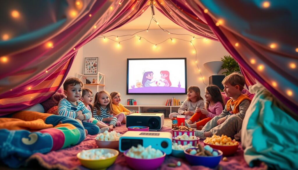 A cozy indoor scene depicting a vibrant kids' movie night birthday party. In the foreground, a colorful blanket fort made of soft blankets and pillows is filled with excited children, wearing cheerful and modest pajamas. The middle ground features a projector displaying a whimsical animated movie on a white wall, with soft, warm lighting casting a golden glow. Surrounding the fort, there are bowls of popcorn, snacks, and drinks artfully arranged. In the background, twinkling fairy lights hang from the ceiling, creating a magical atmosphere. The scene radiates joy and excitement, capturing the essence of a fun and inviting movie night celebration. The angle is slightly elevated, offering a view of the children’s delighted expressions while focusing on the vibrant colors and playful details.