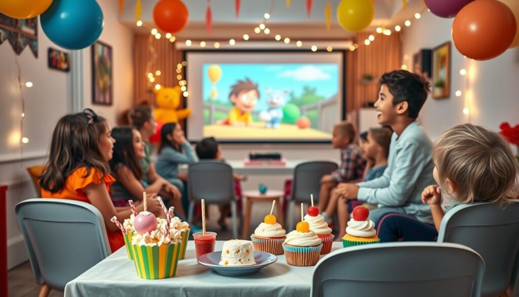 A cozy indoor setting for a kids' movie party, with colorful decorations like balloons and streamers in bright shades. In the foreground, a small table is laid out with budget-friendly snacks: popcorn in playful containers, vibrant fruit skewers, and simple homemade cupcakes. A projector screen in the middle is displaying a classic animated movie, with chairs arranged in a semi-circle to create a welcoming atmosphere. In the background, soft fairy lights twinkle gently, adding warmth to the scene. Kids of diverse backgrounds, dressed in casual, comfortable clothing, are laughing and enjoying the festivities, creating a lively and joyful mood. The lighting is soft and inviting, captured with a warm lens to enhance the cheerful vibe of the celebration.