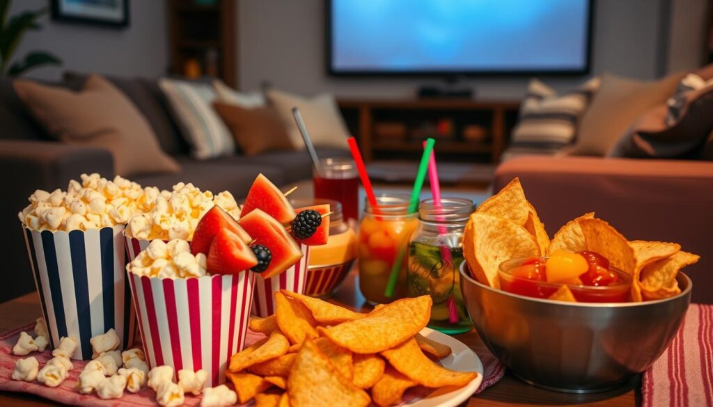 A cozy indoor setting for a summer movie night, featuring a beautifully arranged snack table in the foreground. The table is laden with a variety of delicious snacks: buttery popcorn in classic striped containers, colorful fruit skewers with watermelon, blueberries, and strawberries, and a rustic bowl of homemade tortilla chips paired with fresh salsa. In the middle ground, a few refreshing drinks in mason jars with vibrant straws. The background shows a softly lit living room with plush pillows and a warmly glowing screen, creating an inviting atmosphere. Soft, warm lighting highlights the snacks, enhancing the vibrant colors and textures. The angle captures the inviting ambiance, perfect for a delightful movie night at home.