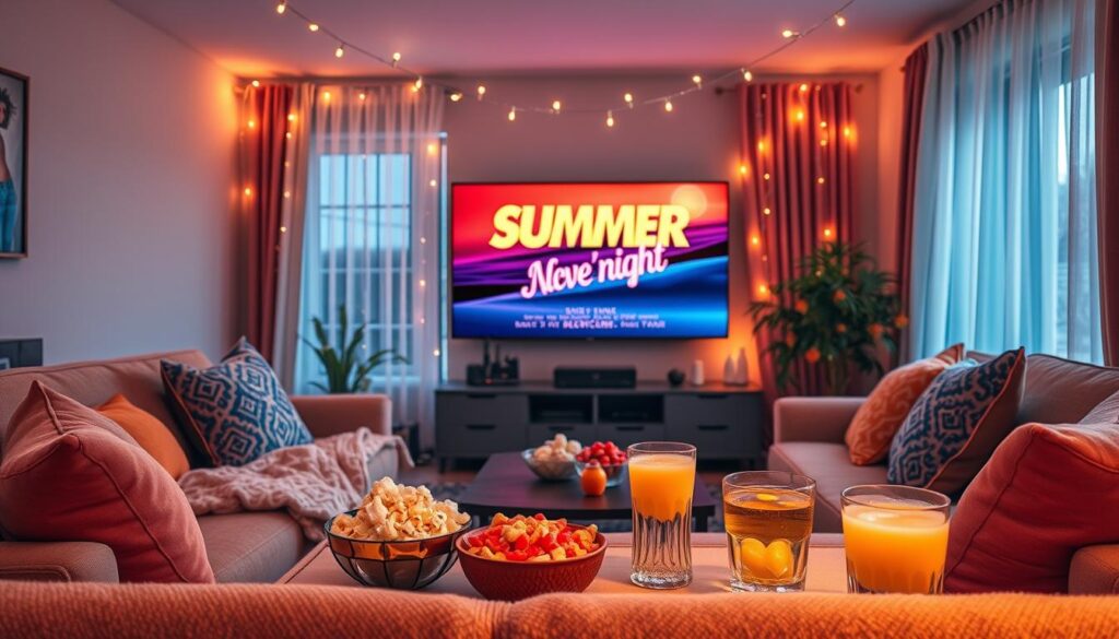 A cozy indoor summer movie night scene, featuring a softly lit living room with warm, inviting tones. In the foreground, a plush sofa adorned with colorful throw pillows and a cozy blanket. A stylish coffee table holds an array of snacks such as popcorn in a bowl, candy, and refreshing drinks in decorative glasses. In the middle, a large flat-screen TV displays a classic summer movie poster, surrounded by fairy lights hanging from the ceiling, creating a whimsical atmosphere. The background reveals a window with sheer curtains gently swaying, allowing soft evening light to filter in. The mood is relaxed and cheerful, evoking the joy of a fun movie night at home. The angle is slightly elevated, capturing the overall coziness and inviting ambiance without any people in the scene.
