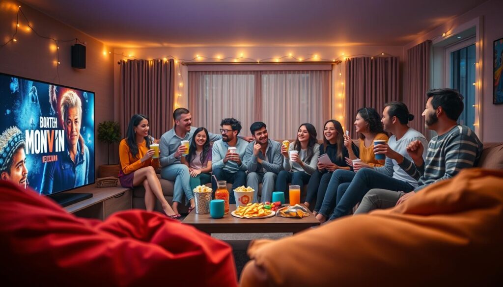 A cozy, inviting indoor scene set for a group movie night. In the foreground, a warmly lit living room features a large screen displaying a movie title in a vibrant color. A group of diverse friends, dressed in casual yet neat clothing, gather around a large plush sofa, holding popcorn and drinks while laughing and chatting. In the middle ground, a coffee table is adorned with various snacks—chips, candy, and drinks—along with a few comfortable bean bags scattered about. The background showcases soft fairy lights hanging on the walls, creating a warm, relaxed atmosphere. The lighting is soft and warm, evoking a sense of fun and camaraderie, with the focus slightly blurred to emphasize the joyful expressions on the friends' faces.