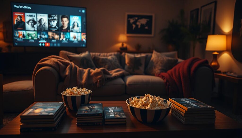 A cozy, inviting living room scene designed for a movie night. In the foreground, a neatly arranged coffee table displays a variety of DVD cases and popcorn in a striped bowl. In the middle, a plush sofa features soft, warm throw blankets and decorative cushions, with dimmed, ambient lighting creating a relaxed atmosphere. In the background, a large screen in the dimmed room displays a movie selection interface with various film posters, illuminated by a soft glow. The setting captures an intimate, friendly vibe, invoking excitement for choosing the perfect movie. The lighting is warm, casting gentle shadows, and the angle is a slightly elevated view, giving a comprehensive look at the movie selection process.