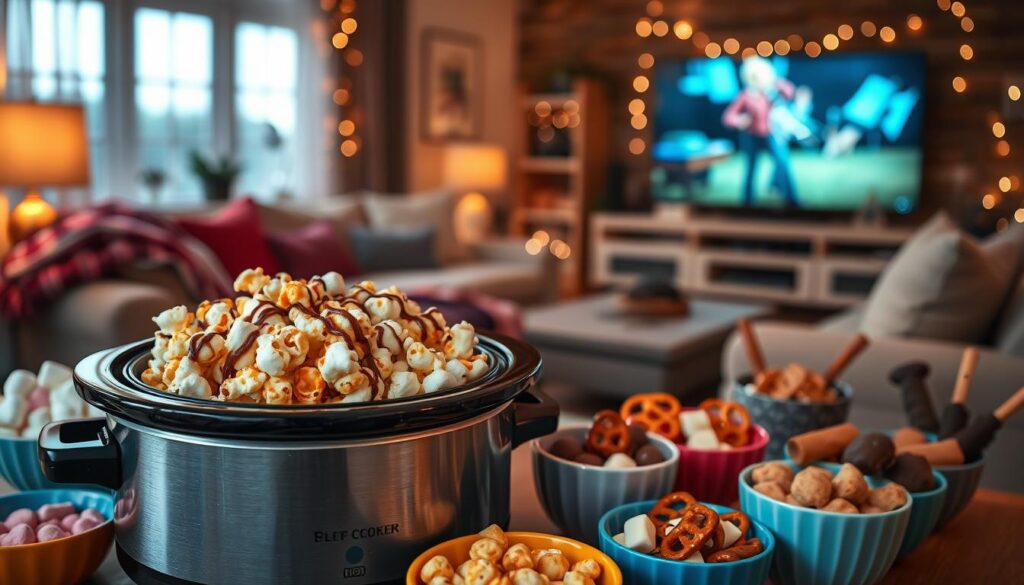 A cozy, inviting scene of slow cooker snacks ideal for movie night. In the foreground, a stylish slow cooker filled with gooey caramel popcorn drizzled with chocolate, surrounded by colorful bowls of sweet treats like mini marshmallows, fruit skewers, and chocolate-covered pretzels. The middle ground shows a cozy living room setup, complete with a plush couch adorned with soft blankets and a large TV screen casting a warm glow. In the background, soft ambient lighting creates a relaxed atmosphere, with fairy lights twinkling gently. The overall mood is cheerful and inviting, perfect for a fun movie night. Use a warm color palette and soft-focus lens effects to enhance the comforting vibe.