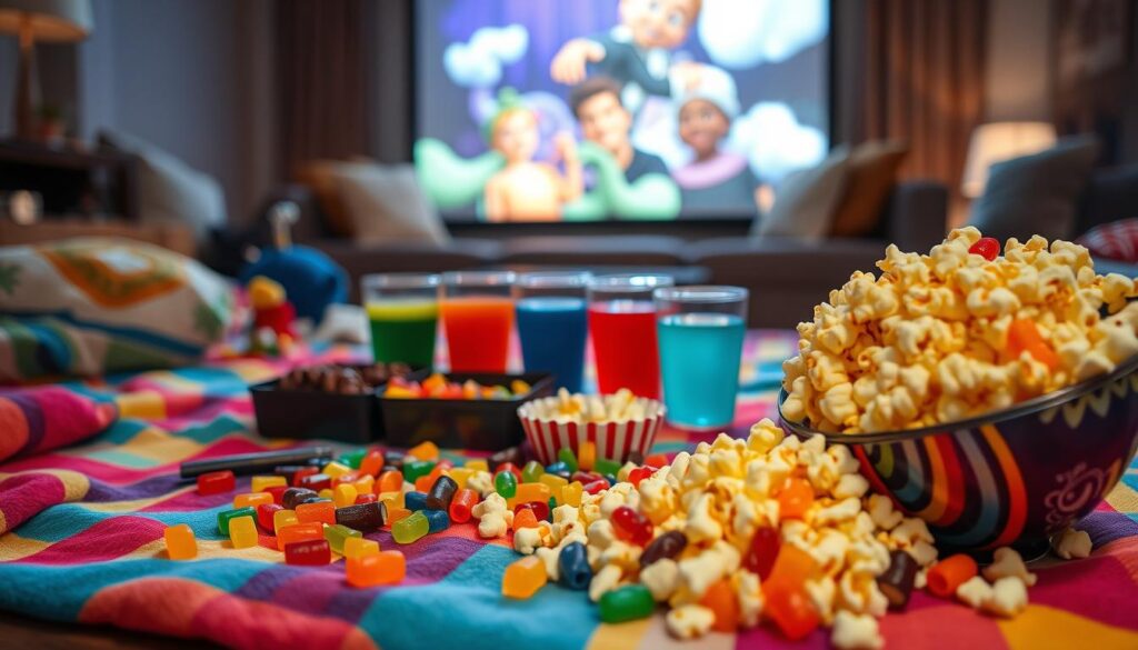 A cozy kids' movie night scene filled with colorful snacks arranged on a vibrant blanket in a living room. In the foreground, there's a large bowl of buttery popcorn spilling over, surrounded by an assortment of candy, including gummy bears, chocolate bars, and fruit snacks. In the middle ground, a small table holds cups filled with colorful beverages, such as fruit punch and soda. The background features a couch with cushions and a soft, dim glow from a projector screen displaying a family-friendly movie, creating a warm and inviting atmosphere. The lighting is soft and cozy, reminiscent of a fun movie night. The angle is slightly tilted to showcase the snacks and the movie setup, emphasizing a sense of excitement and fun.