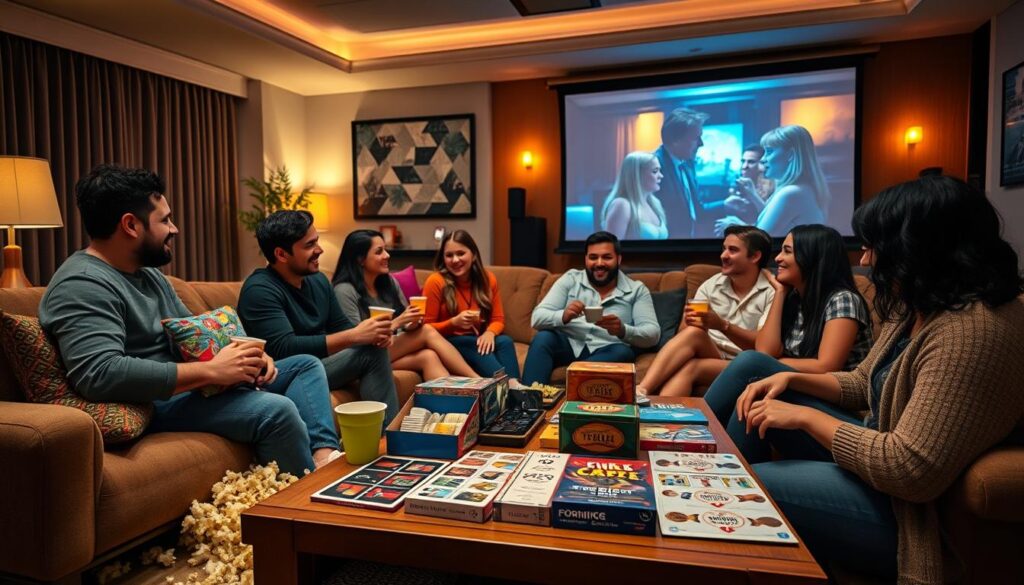 A cozy living room scene set for a movie night filled with interactive party games. In the foreground, a plush sofa with colorful throw pillows is surrounded by scattered popcorn and drinks in festive cups. A large projector screen is prominently displayed in the background, showcasing a classic movie scene with vibrant colors. A coffee table is laden with board games featuring fun movie themes, such as trivia cards and movie-themed charades, arranged invitingly. Soft, warm lighting casts a welcoming glow, creating an inviting atmosphere. Friends of diverse backgrounds, dressed in comfortable casual attire, are seated around the table, laughing and engaging in a lively game. The overall mood is cheerful and festive, evoking the excitement of an interactive movie night gathering.