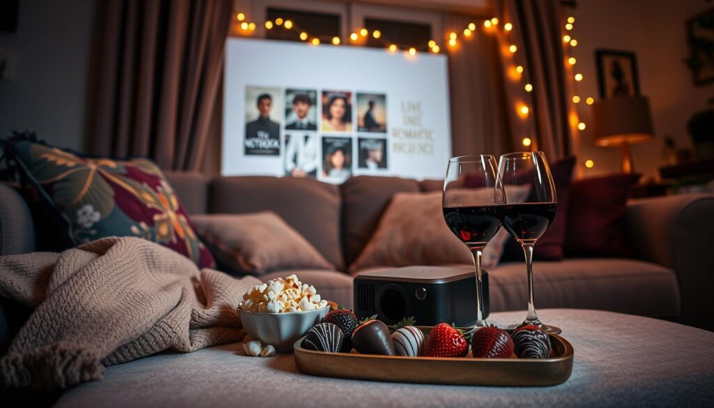 A cozy living room scene set for a romantic movie night, featuring a plush sofa adorned with colorful throw pillows and a soft, warm blanket draped over the armrest. In the foreground, a beautifully arranged tray holds gourmet popcorn, chocolate-covered strawberries, and two elegant wine glasses filled with red wine. In the middle, a vintage projector casts a golden beam onto a white wall, displaying a collage of classic romantic movie posters, like "The Notebook" and "Pride and Prejudice." The background features dim, ambient lighting with fairy lights strung across a window, creating an intimate atmosphere. The overall mood is warm, inviting, and filled with a sense of love and togetherness, perfect for setting the stage for a romantic evening.