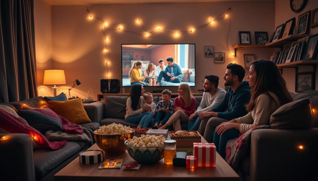 A cozy living room scene that captures the essence of "Family Movie Night." In the foreground, a comfortable couch with soft blankets and colorful throw pillows, occupied by a diverse family enjoying a film together, dressed in modest casual clothing. A bowl of popcorn and several snacks are scattered on a coffee table filled with movie-themed items. In the middle, a large screen displays a classic family movie, surrounded by soft fairy lights that create a warm ambiance. The background features dimmed lights, a shelf with DVDs and framed family photos, adding to the inviting atmosphere. The image should convey a sense of joy, togetherness, and nostalgia, illuminated by soft, warm lighting that enhances the cozy feel of the room. Aim for a cinematic angle that brings the viewer into this warm moment.