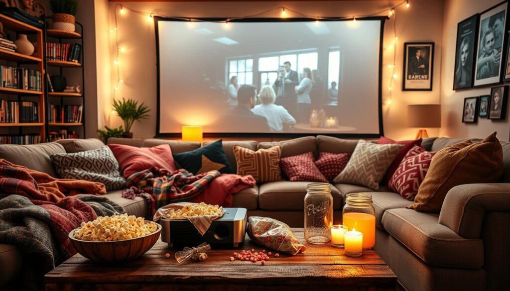 A cozy living room set for a creative movie night, featuring a large, cushy sofa piled with colorful blankets and pillows. In the foreground, a rustic coffee table displays popcorn in a vintage bowl, candy, and drinks in mason jars. In the middle, a projector illuminates a large, white wall with a classic film scene, casting a warm glow. Scented candles and fairy lights create a soft, inviting atmosphere. The background includes a bookshelf filled with DVD cases and framed movie posters, enhancing the cinematic vibe. Soft, ambient lighting enhances the inviting atmosphere, while the overall scene feels intimate and fun, perfect for a last-minute gathering with friends or family.