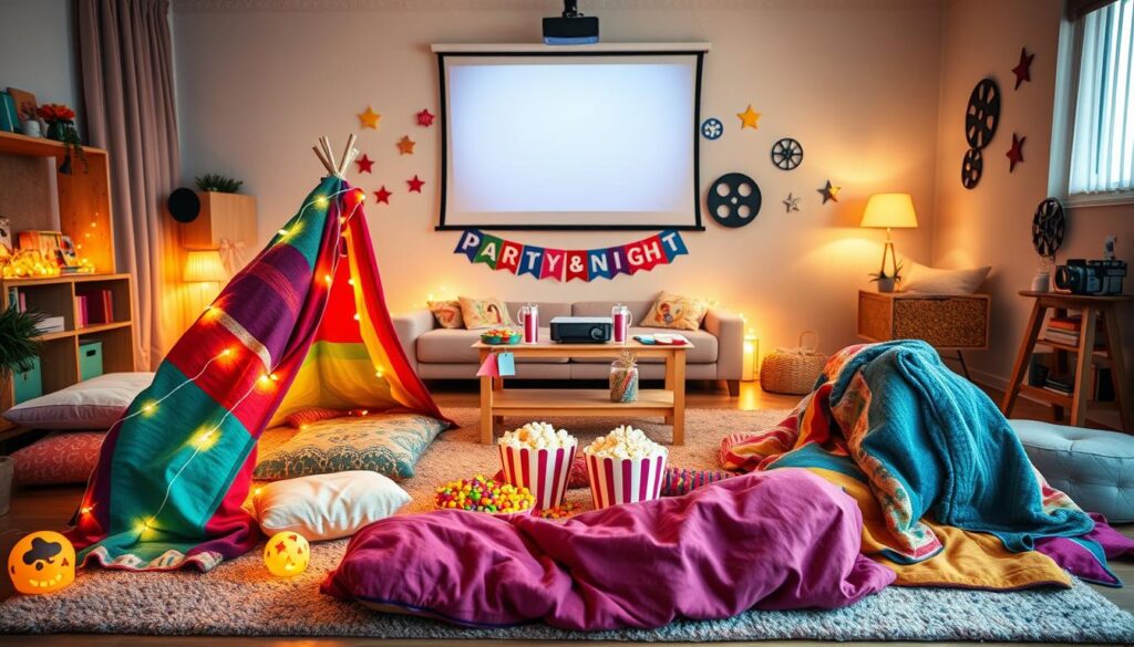 A cozy living room set up for a DIY movie night, with cheerful decorations that kids can help create. In the foreground, a large, colorful blanket fort made from vibrant blankets and fairy lights, sitting on a soft rug scattered with pillows. In the middle, a snack table adorned with popcorn buckets, colorful candies, and homemade party banners featuring fun movie themes. In the background, a projector displaying a film on a simple white screen, surrounded by playful wall art made of cut-out stars and film reels. Soft, warm lighting enhances the inviting atmosphere, creating a sense of excitement and creativity. The scene is engaging, filled with a sense of playfulness and anticipation for a fun movie night, evoking joy among children.